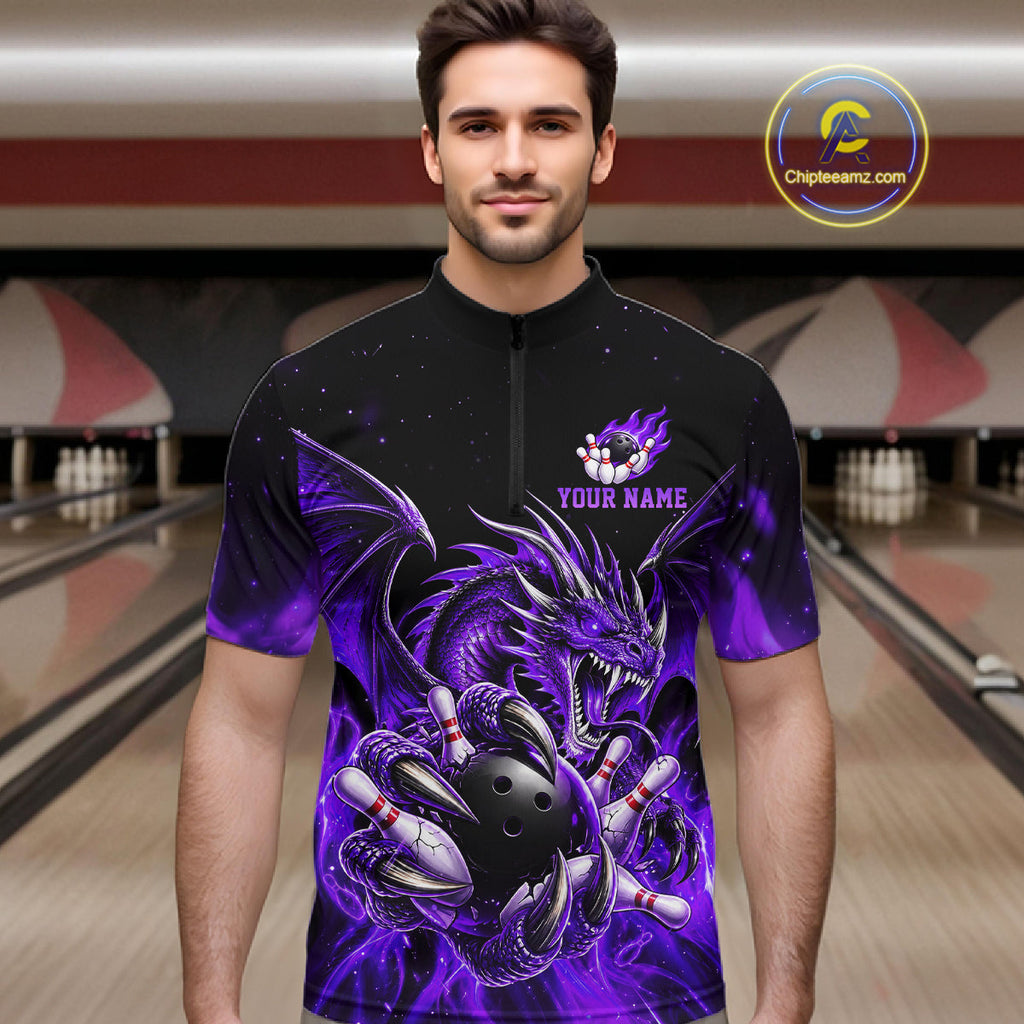 Custom Purple Flaming Dragon Bowling Jersey Custom Bowling League Team Shirt Polo, 1/4 Zip