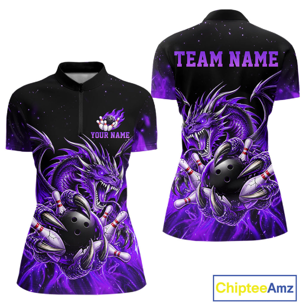 Custom Purple Flaming Dragon Bowling Jersey Custom Bowling League Team Shirt Polo, 1/4 Zip