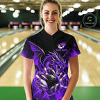 Custom Purple Flaming Dragon Bowling Jersey Custom Bowling League Team Shirt Polo, 1/4 Zip