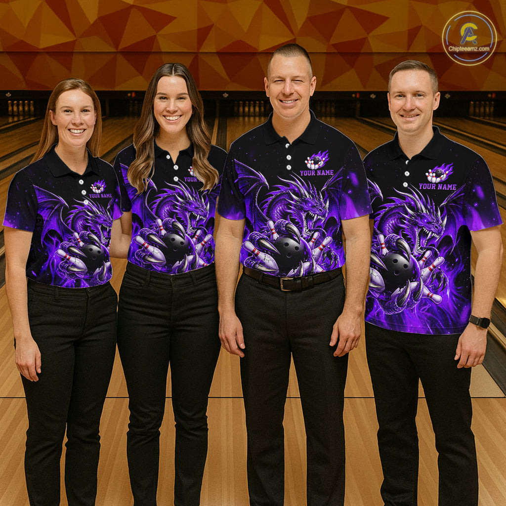 Custom Purple Flaming Dragon Bowling Jersey Custom Bowling League Team Shirt Polo, 1/4 Zip