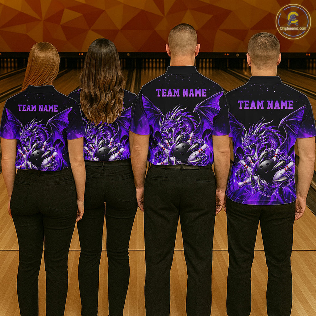 Custom Purple Flaming Dragon Bowling Jersey Custom Bowling League Team Shirt Polo, 1/4 Zip