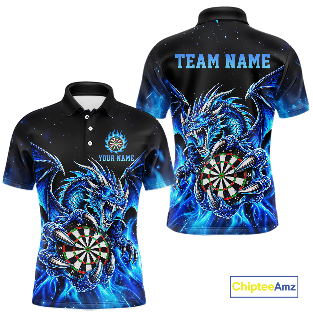 Blue Flaming Dragon Darts Shirts Custom Darts League Team Jersey Polo & Quarter Zip