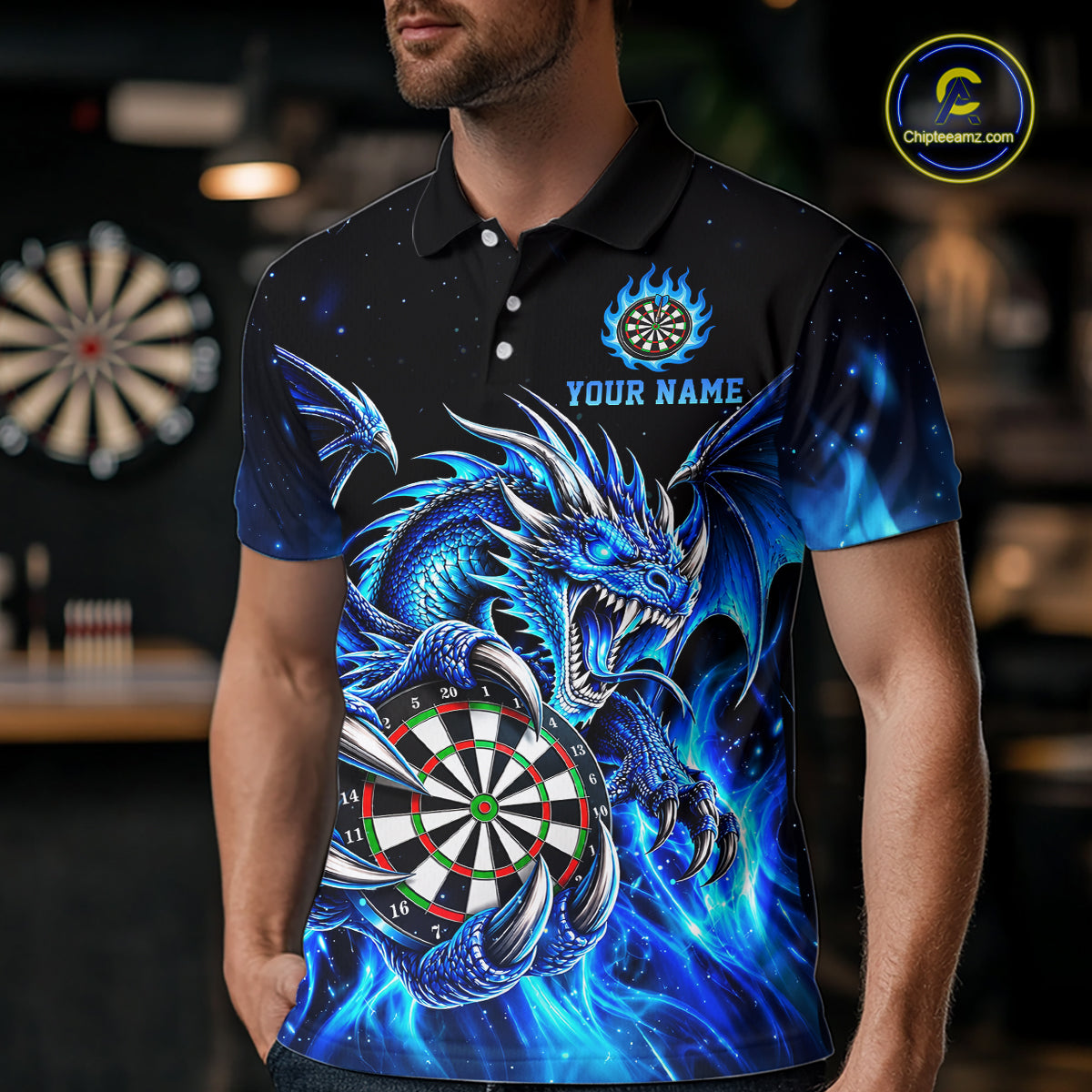Blue Flaming Dragon Darts Shirts Custom Darts League Team Jersey Polo & Quarter Zip