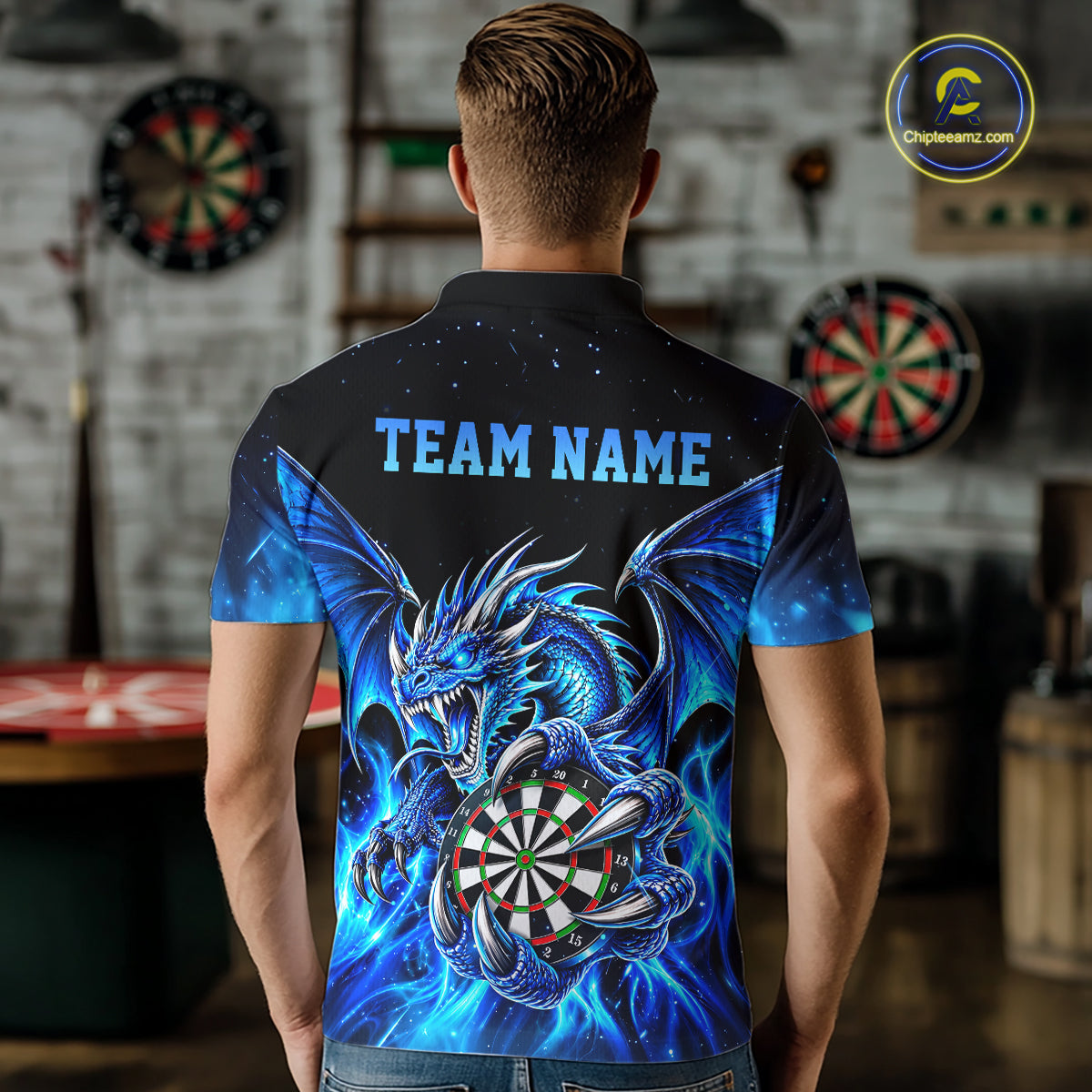 Blue Flaming Dragon Darts Shirts Custom Darts League Team Jersey Polo & Quarter Zip