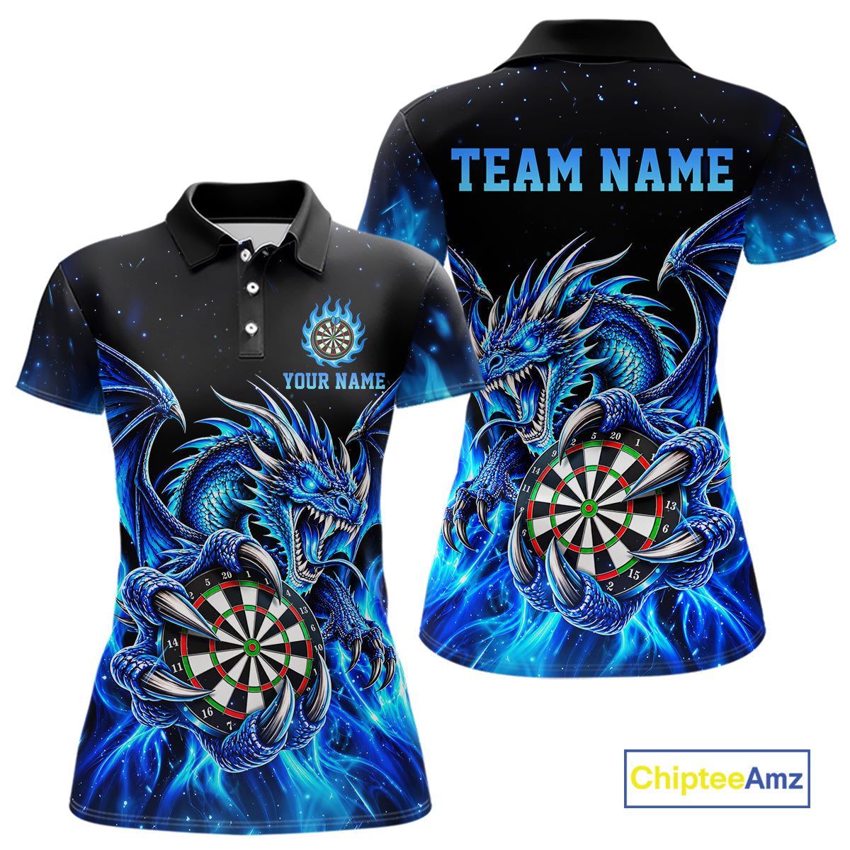 Blue Flaming Dragon Darts Shirts Custom Darts League Team Jersey Polo & Quarter Zip