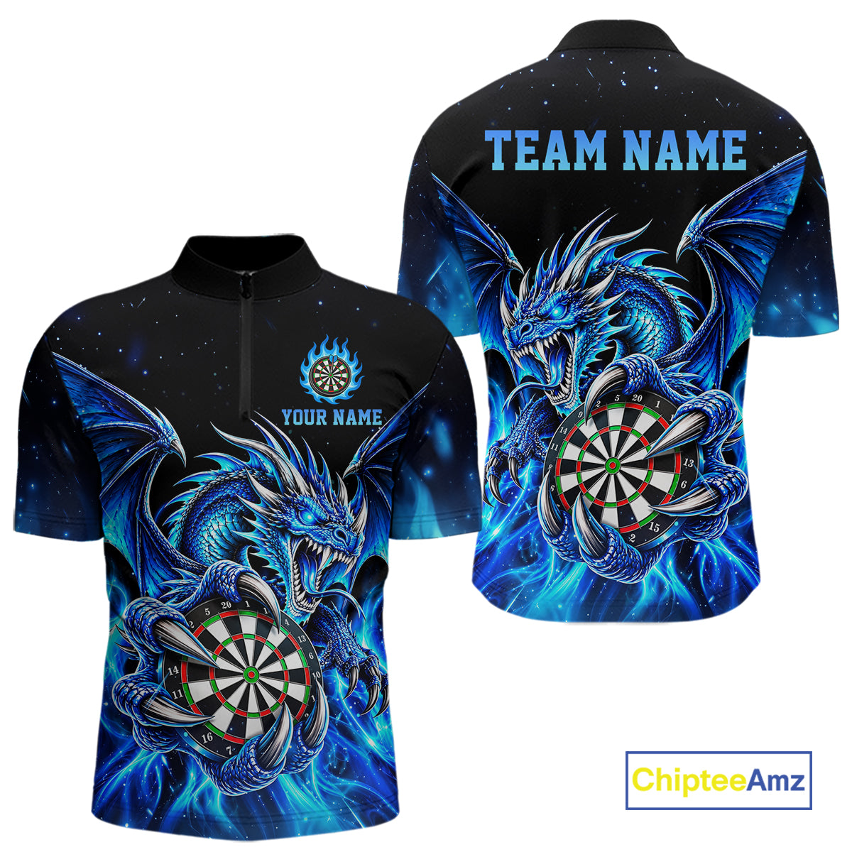 Blue Flaming Dragon Darts Shirts Custom Darts League Team Jersey Polo & Quarter Zip