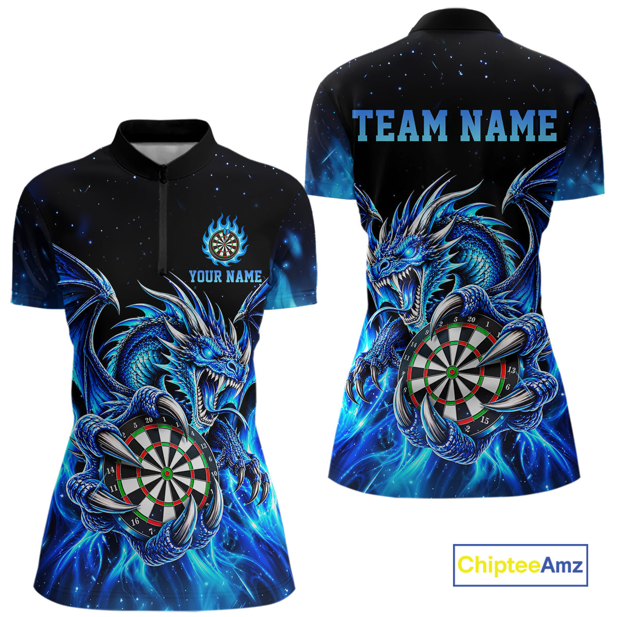 Blue Flaming Dragon Darts Shirts Custom Darts League Team Jersey Polo & Quarter Zip