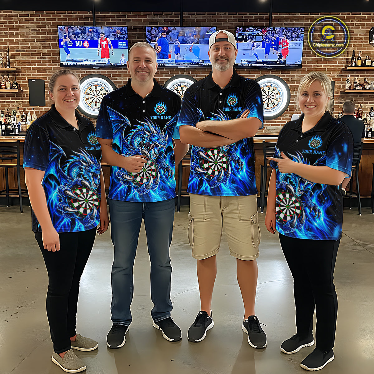 Blue Flaming Dragon Darts Shirts Custom Darts League Team Jersey Polo & Quarter Zip