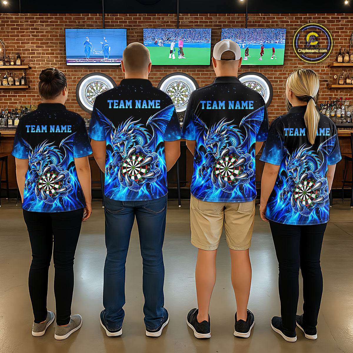 Blue Flaming Dragon Darts Shirts Custom Darts League Team Jersey Polo & Quarter Zip