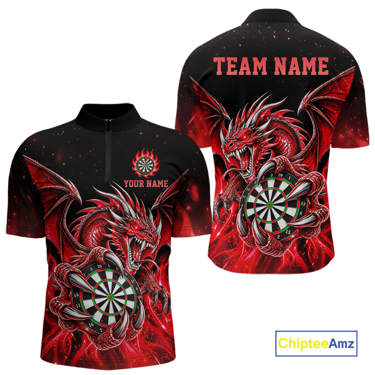 Red Flaming Dragon Darts Shirts Custom Darts League Team Jersey Polo & Quarter Zip