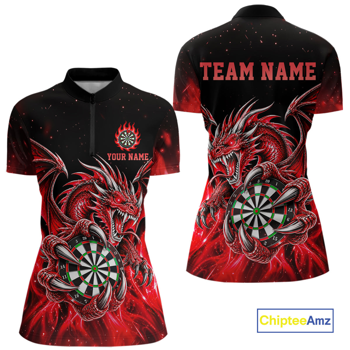 Red Flaming Dragon Darts Shirts Custom Darts League Team Jersey Polo & Quarter Zip