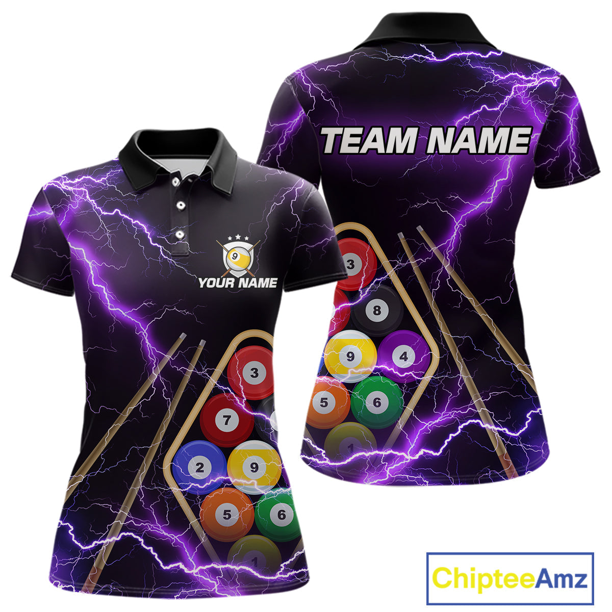 Purple 9 Ball Thunder Lightning Billiard Shirts Custom Pool Team Jersey Polo & 1/4 Zip