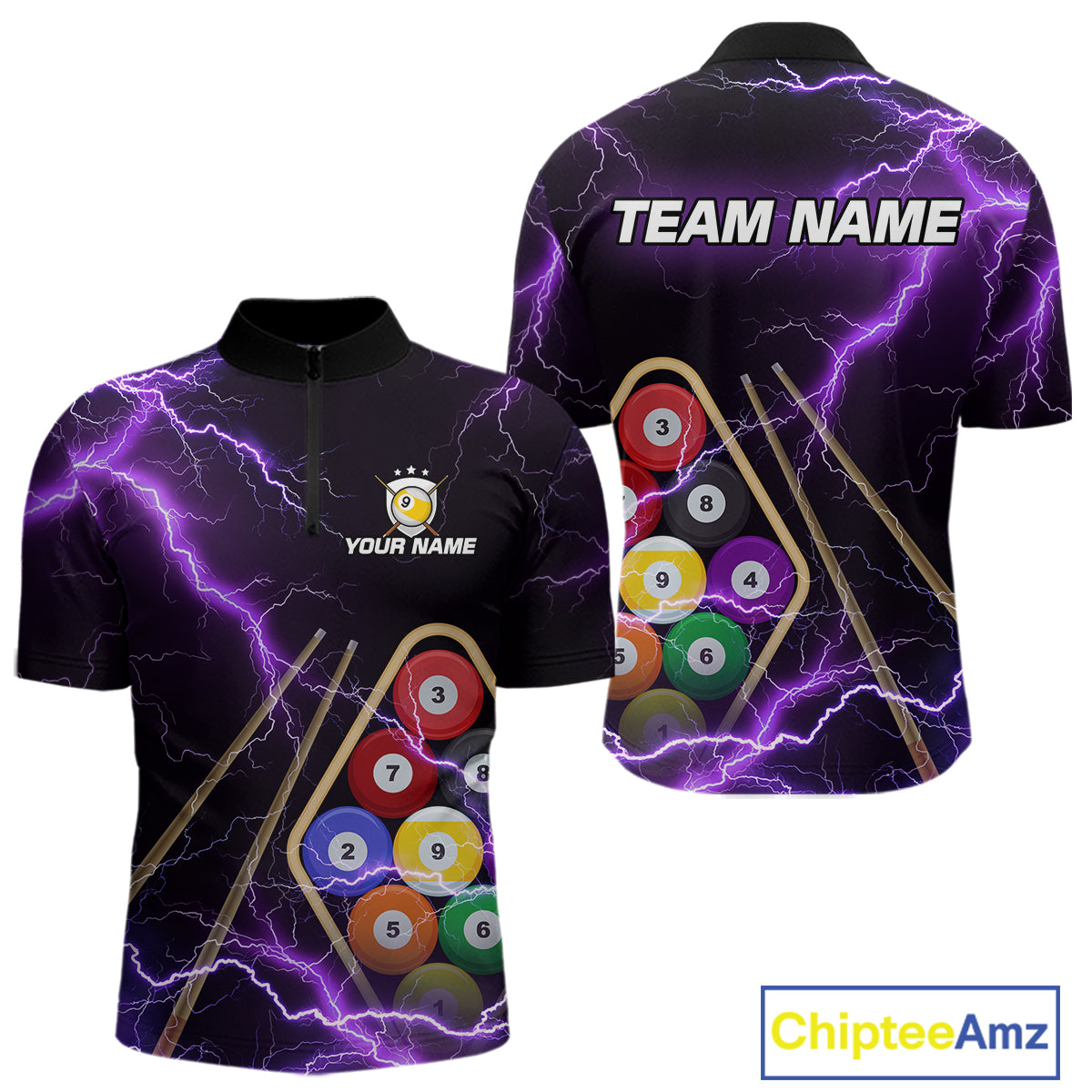 Purple 9 Ball Thunder Lightning Billiard Shirts Custom Pool Team Jersey Polo & 1/4 Zip
