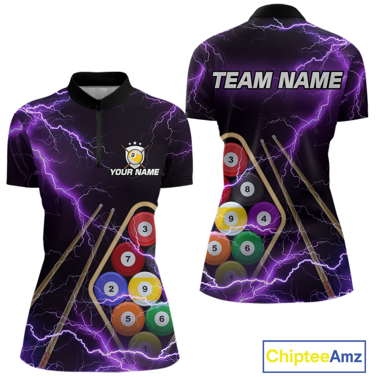 Purple 9 Ball Thunder Lightning Billiard Shirts Custom Pool Team Jersey Polo & 1/4 Zip