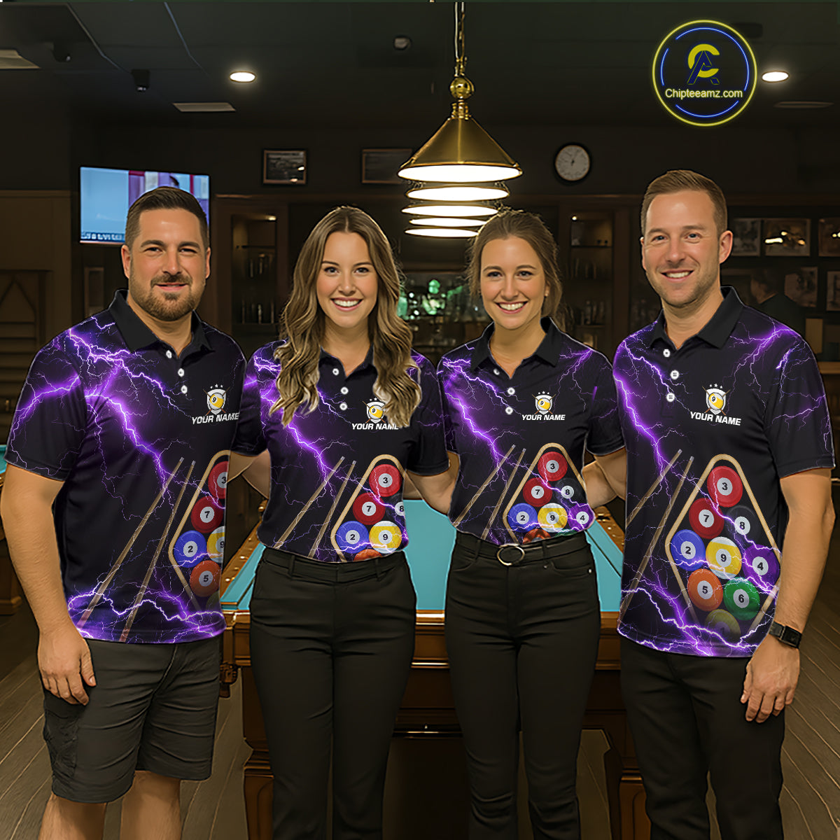 Purple 9 Ball Thunder Lightning Billiard Shirts Custom Pool Team Jersey Polo & 1/4 Zip