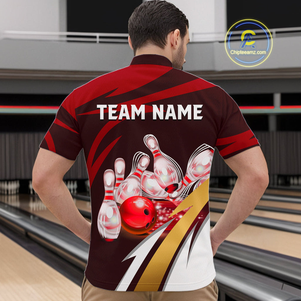 Personalized Red Strike Ball Bowling Shirt Custom Team Bowling Jersey Polo & 1/4 Zip