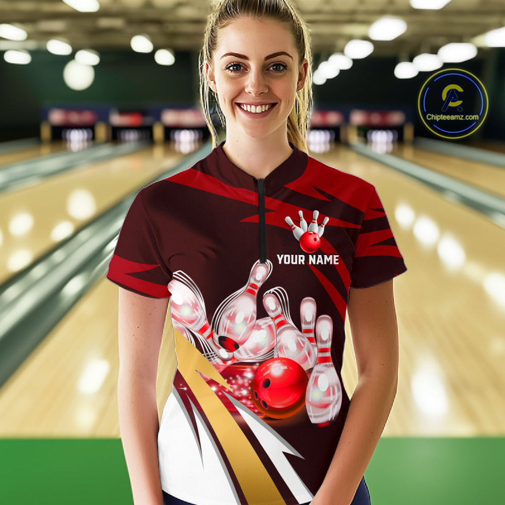 Personalized Red Strike Ball Bowling Shirt Custom Team Bowling Jersey Polo & 1/4 Zip