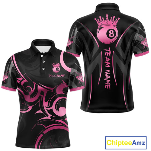 Pink And Black 8 Ball Crown Tribal Billiard Shirt Custom Pool Team Jersey Polo & 1/4 Zip