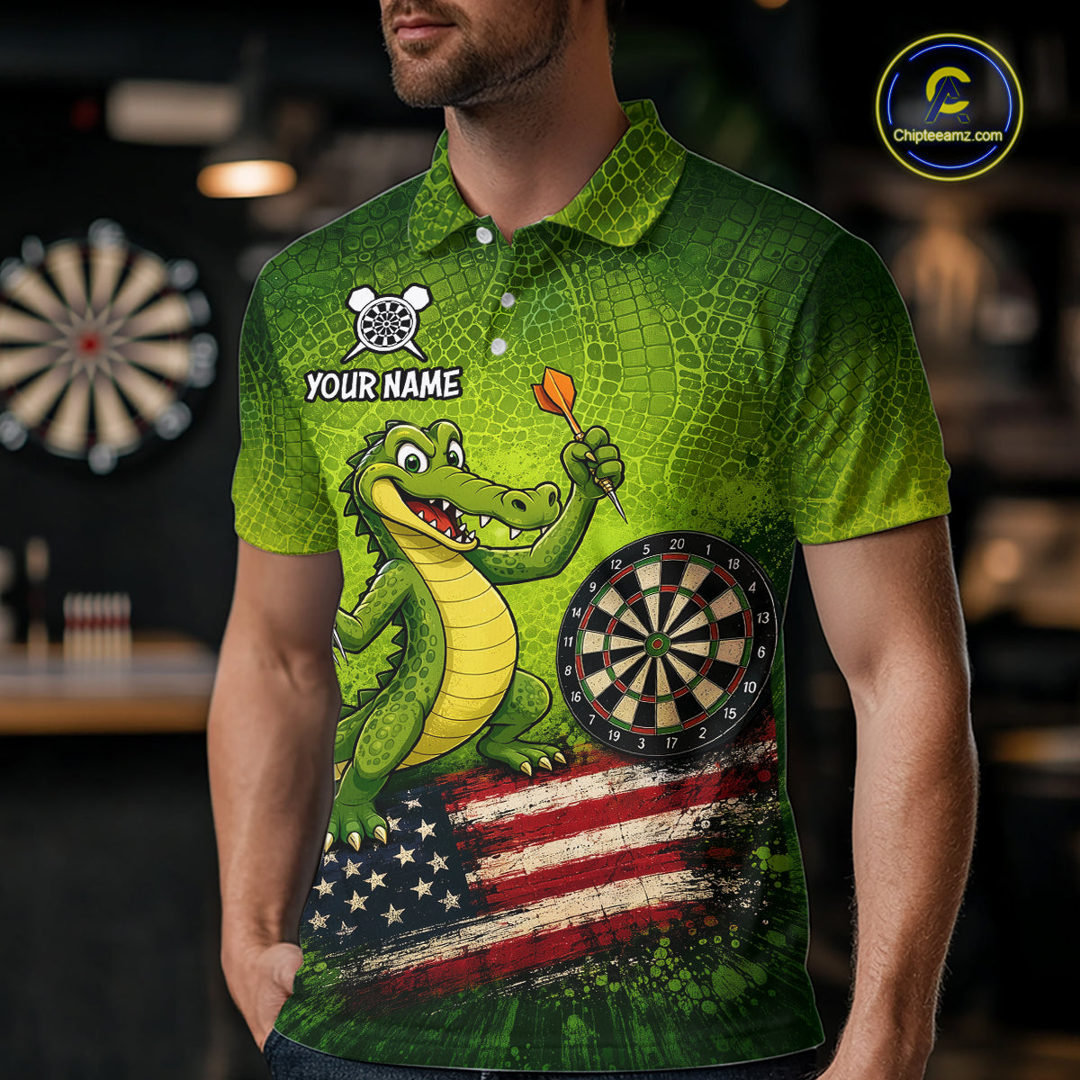 Green Funny Alligator US Flag Darts Shirt Custom Darts Team Jersey Personalized Darts Gift