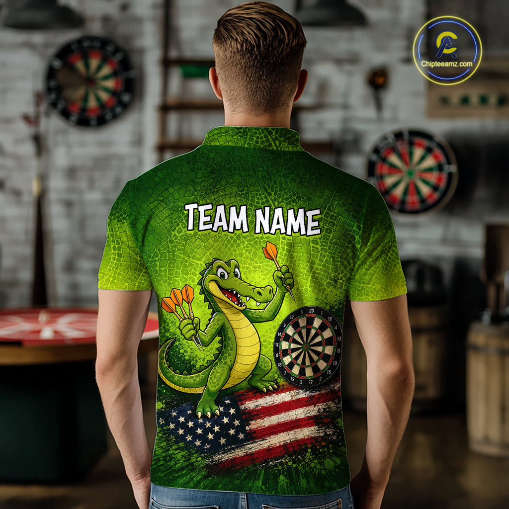 Green Funny Alligator US Flag Darts Shirt Custom Darts Team Jersey Personalized Darts Gift