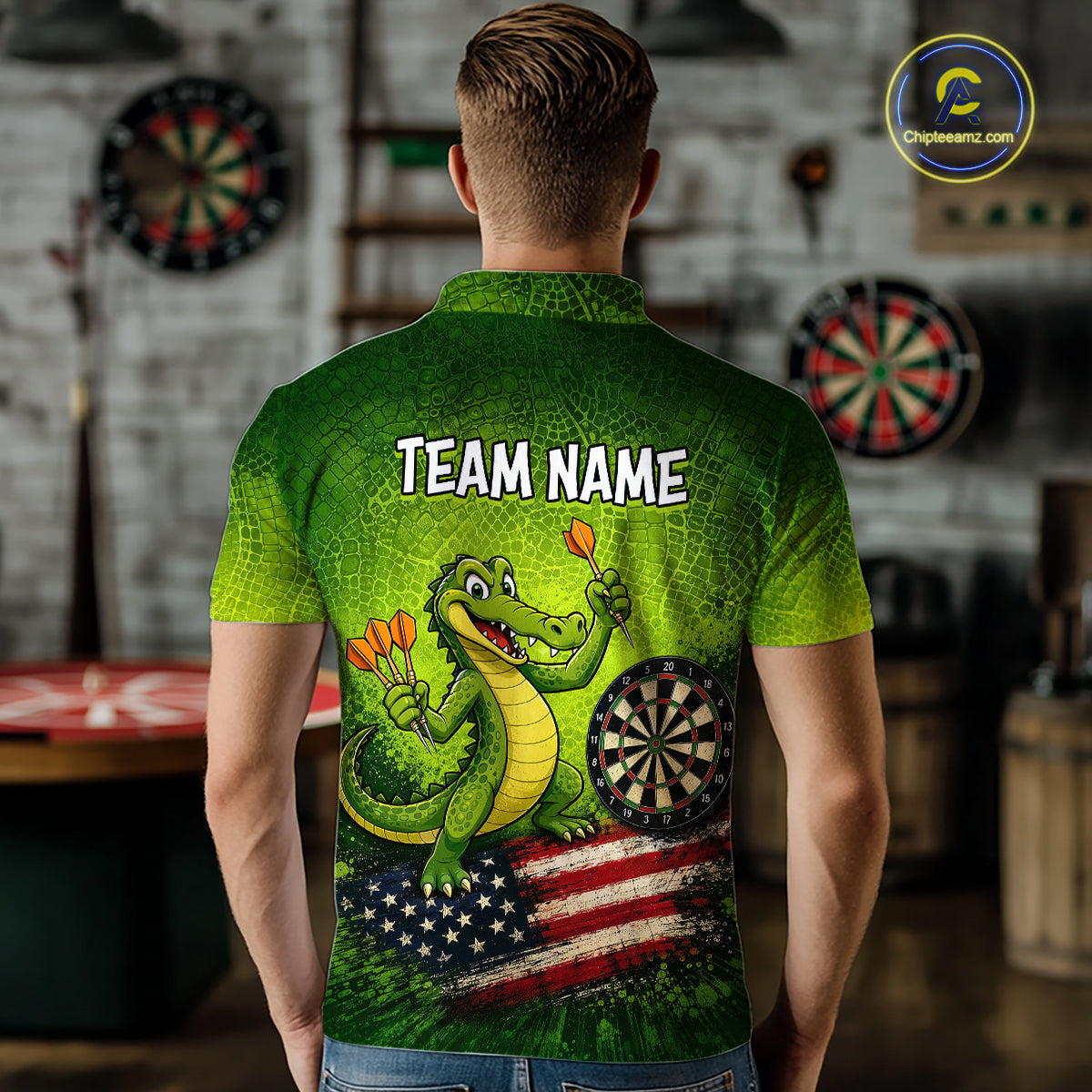Green Funny Alligator US Flag Darts Shirt Custom Darts Team Jersey Personalized Darts Gift