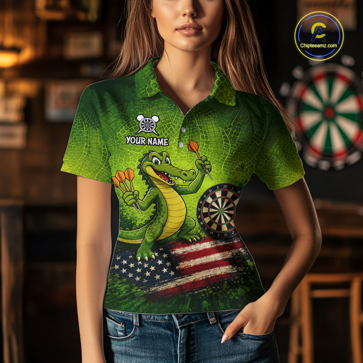 Green Funny Alligator US Flag Darts Shirt Custom Darts Team Jersey Personalized Darts Gift