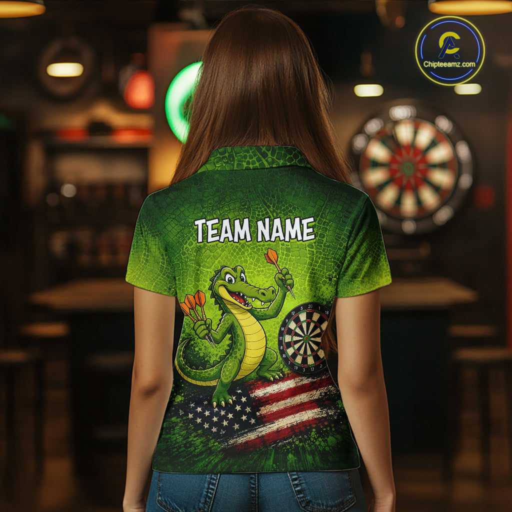 Green Funny Alligator US Flag Darts Shirt Custom Darts Team Jersey Personalized Darts Gift
