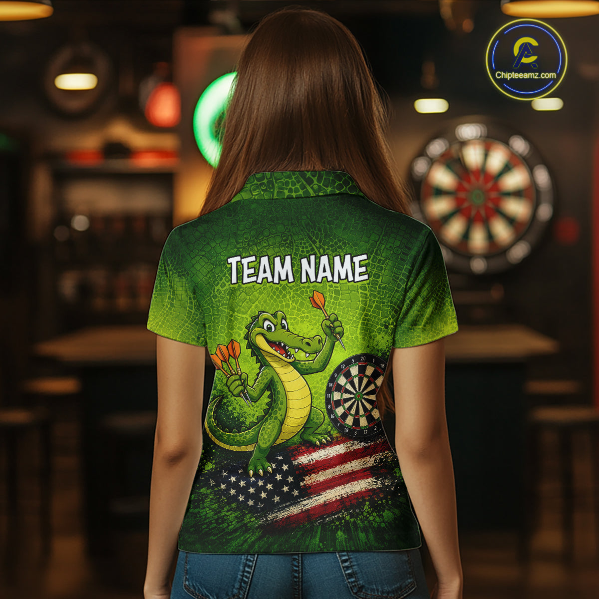 Green Funny Alligator US Flag Darts Shirt Custom Darts Team Jersey Personalized Darts Gift