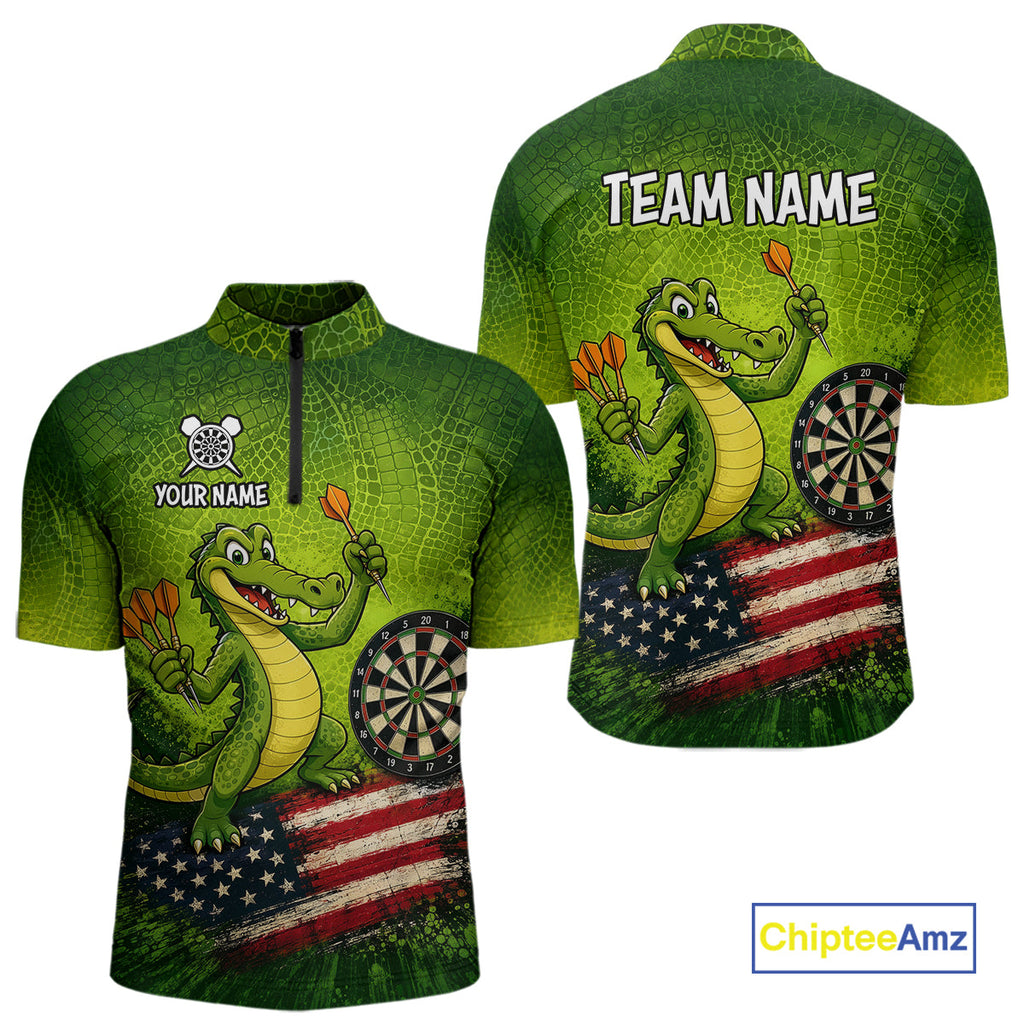 Green Funny Alligator US Flag Darts Shirt Custom Darts Team Jersey Personalized Darts Gift