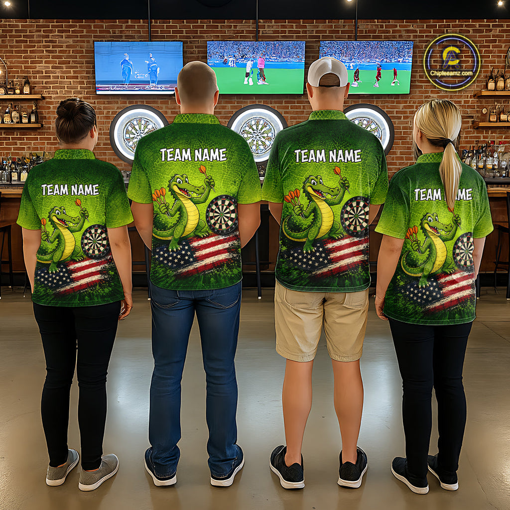 Green Funny Alligator US Flag Darts Shirt Custom Darts Team Jersey Personalized Darts Gift