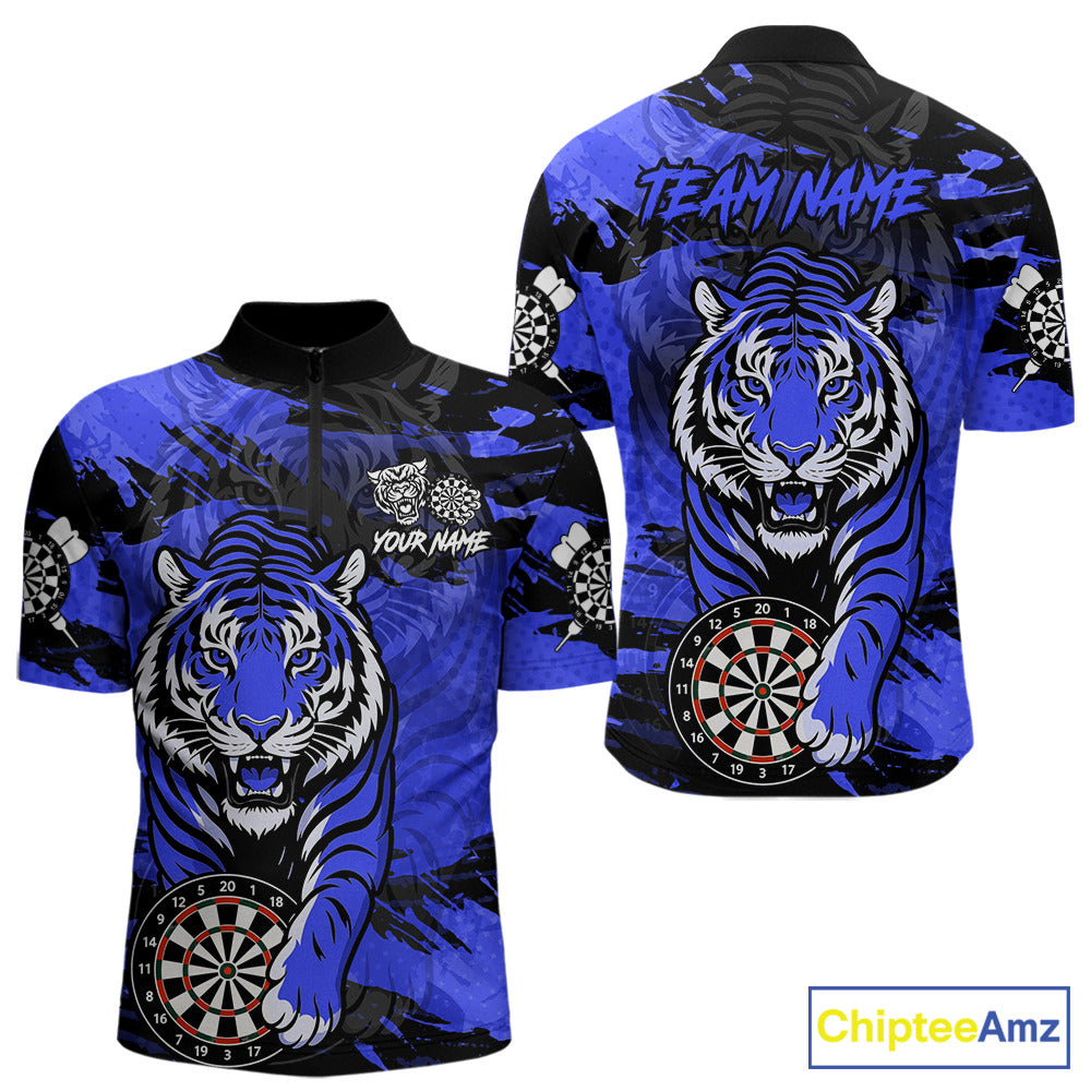 Personalized Blue Dartboard Tiger Darts Shirt Custom Darts Jersey Team Polo & 1/4 Zip