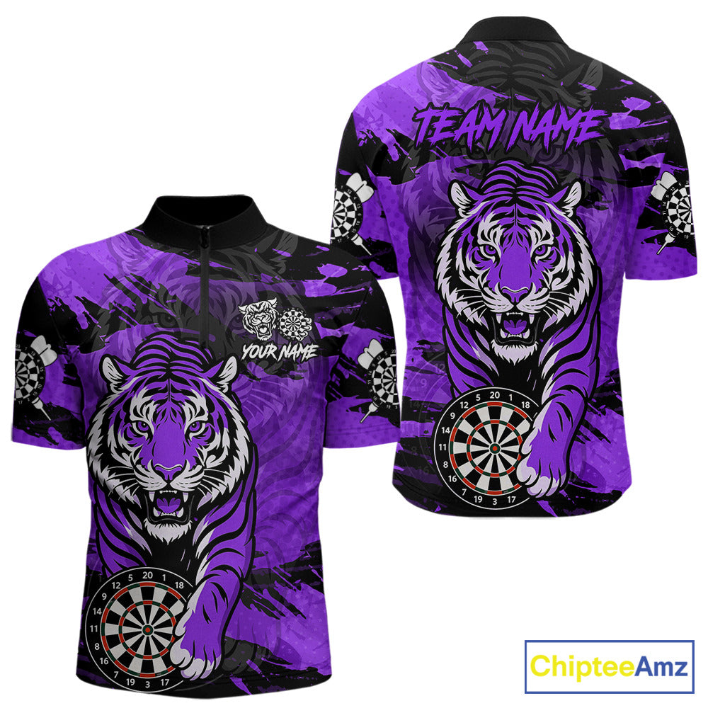 Personalized Purple Dartboard Tiger Darts Shirt Custom Darts Jersey Team Polo & 1/4 Zip