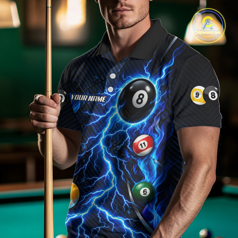Blue Lightning Thunder 8 Ball & 9 Ball Pool Shirts Custom Billiard League Team Jersey