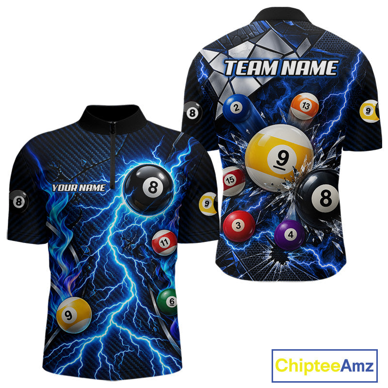 Blue Lightning Thunder 8 Ball & 9 Ball Pool Shirts Custom Billiard League Team Jersey