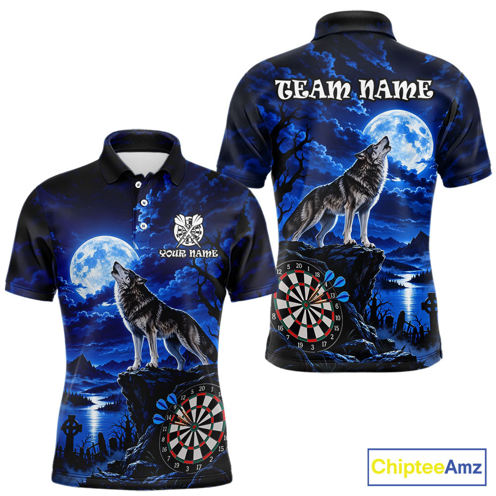 Blue Custom Wolf And Moon Darts Shirts Personalized Darts Team Jersey Polo & 1/4 Zip