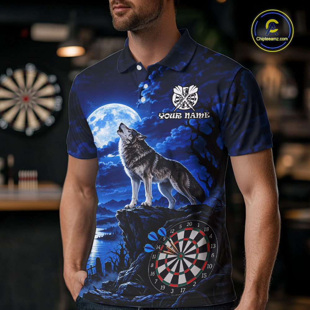 Blue Custom Wolf And Moon Darts Shirts Personalized Darts Team Jersey Polo & 1/4 Zip