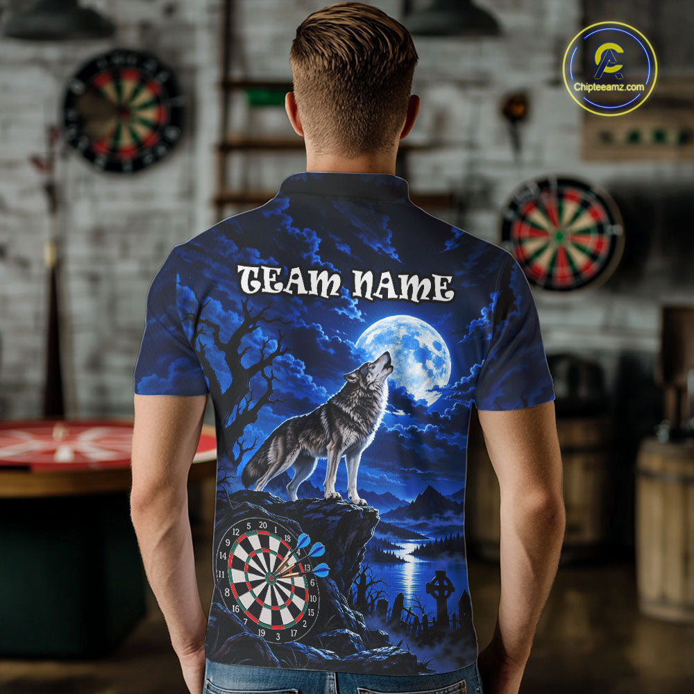 Blue Custom Wolf And Moon Darts Shirts Personalized Darts Team Jersey Polo & 1/4 Zip