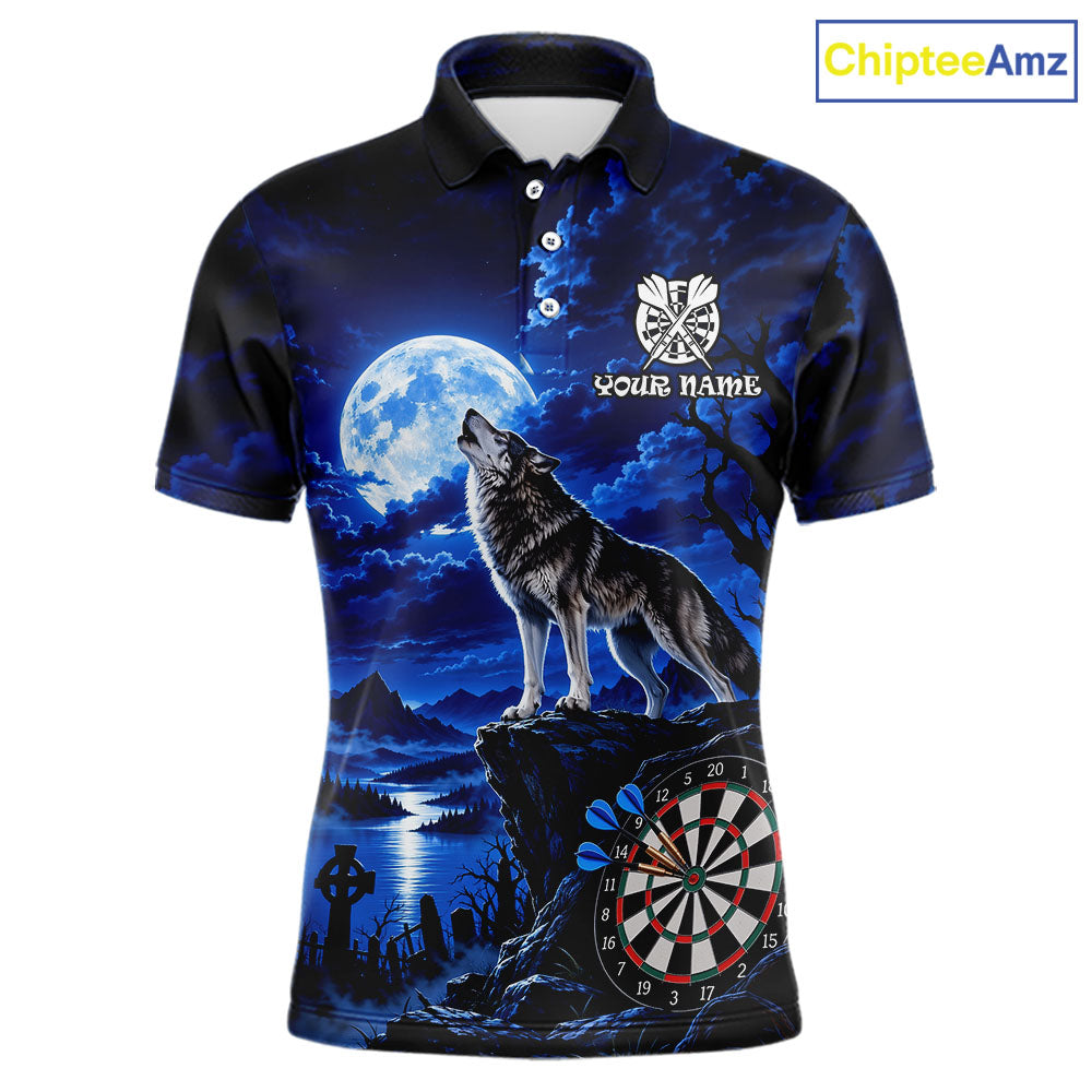 Blue Custom Wolf And Moon Darts Shirts Personalized Darts Team Jersey Polo & 1/4 Zip