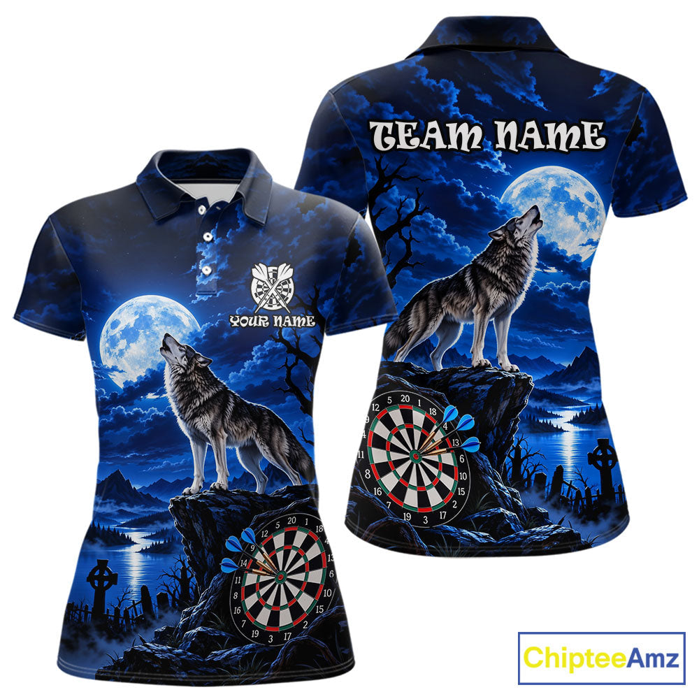 Blue Custom Wolf And Moon Darts Shirts Personalized Darts Team Jersey Polo & 1/4 Zip