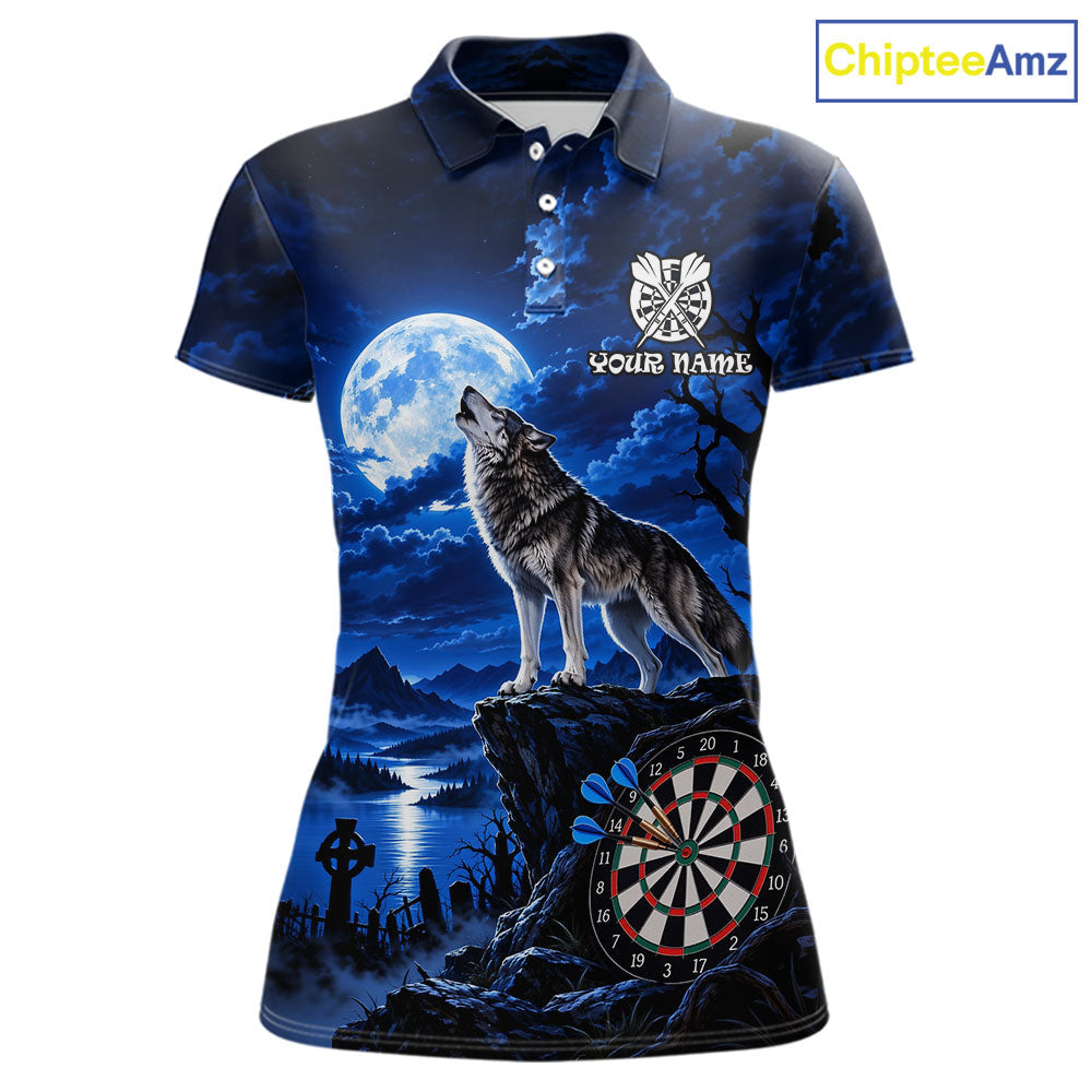 Blue Custom Wolf And Moon Darts Shirts Personalized Darts Team Jersey Polo & 1/4 Zip