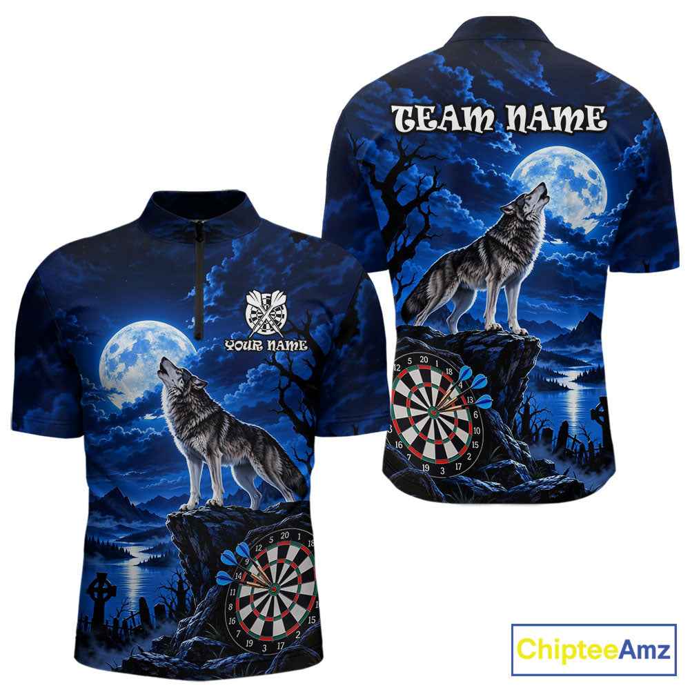 Blue Custom Wolf And Moon Darts Shirts Personalized Darts Team Jersey Polo & 1/4 Zip
