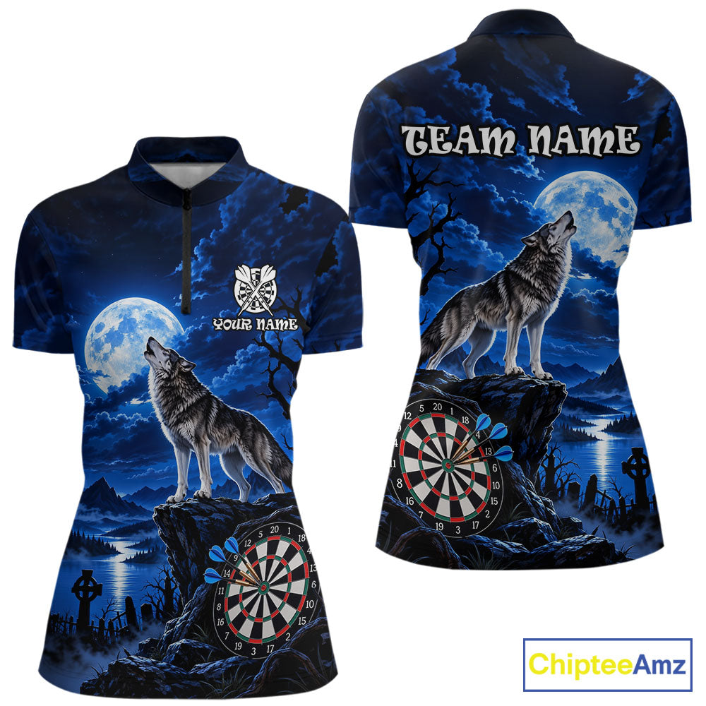 Blue Custom Wolf And Moon Darts Shirts Personalized Darts Team Jersey Polo & 1/4 Zip