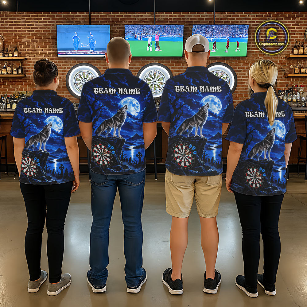 Blue Custom Wolf And Moon Darts Shirts Personalized Darts Team Jersey Polo & 1/4 Zip