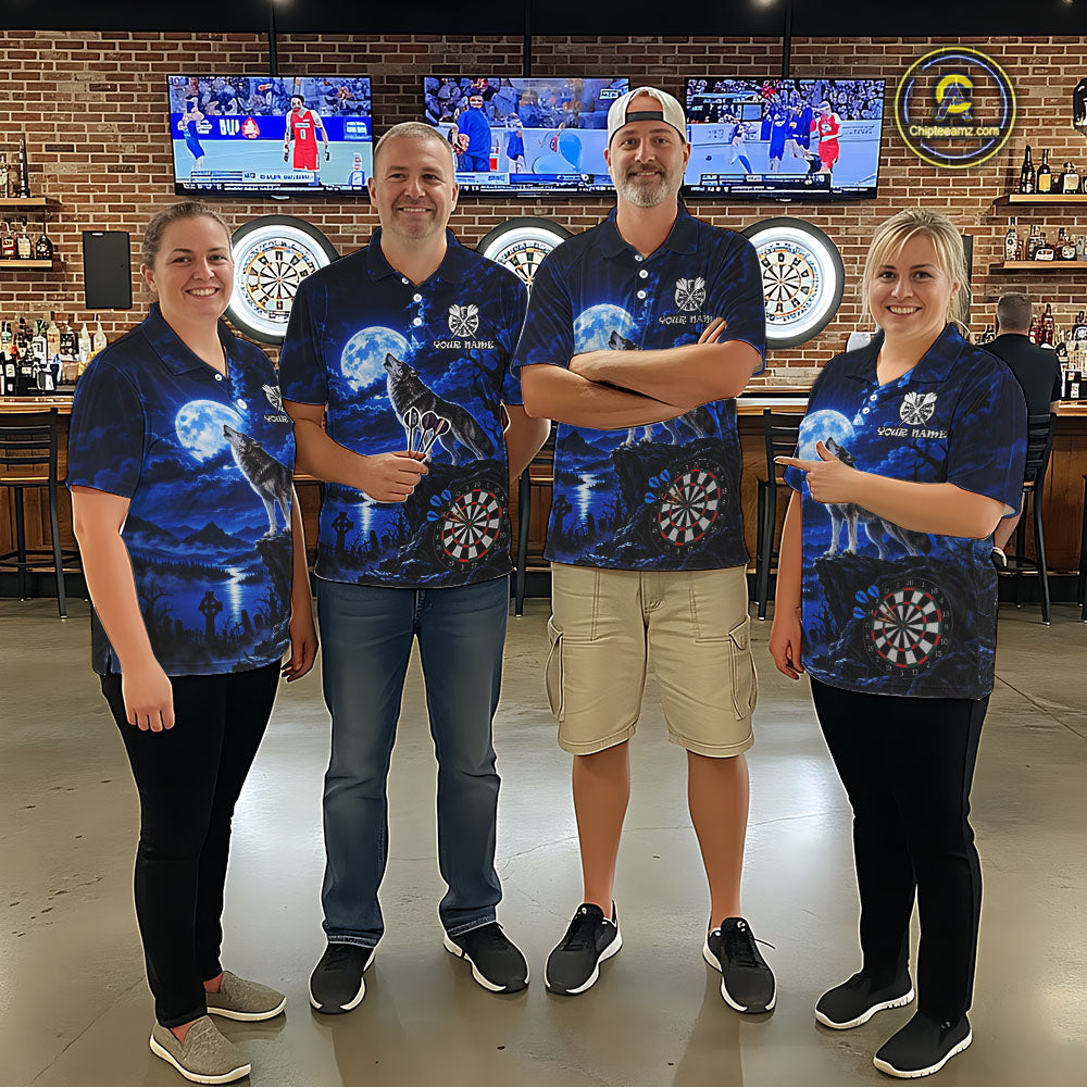 Blue Custom Wolf And Moon Darts Shirts Personalized Darts Team Jersey Polo & 1/4 Zip