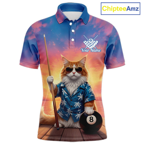 Personalized Funny Cat Sunset Billiard Shirt Custom 8 Ball Pool Team Jersey Polo & 1/4 Zip
