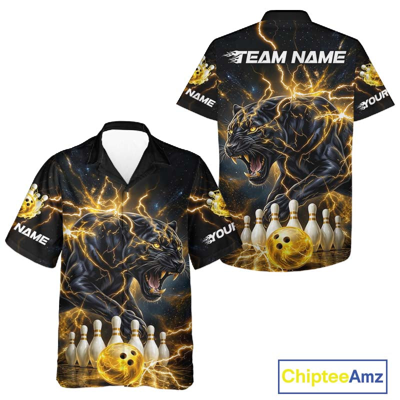 Yellow Thunder Lightning Custom Panther Bowling Hawaiian Shirt, Bowling Team Button Up Jersey