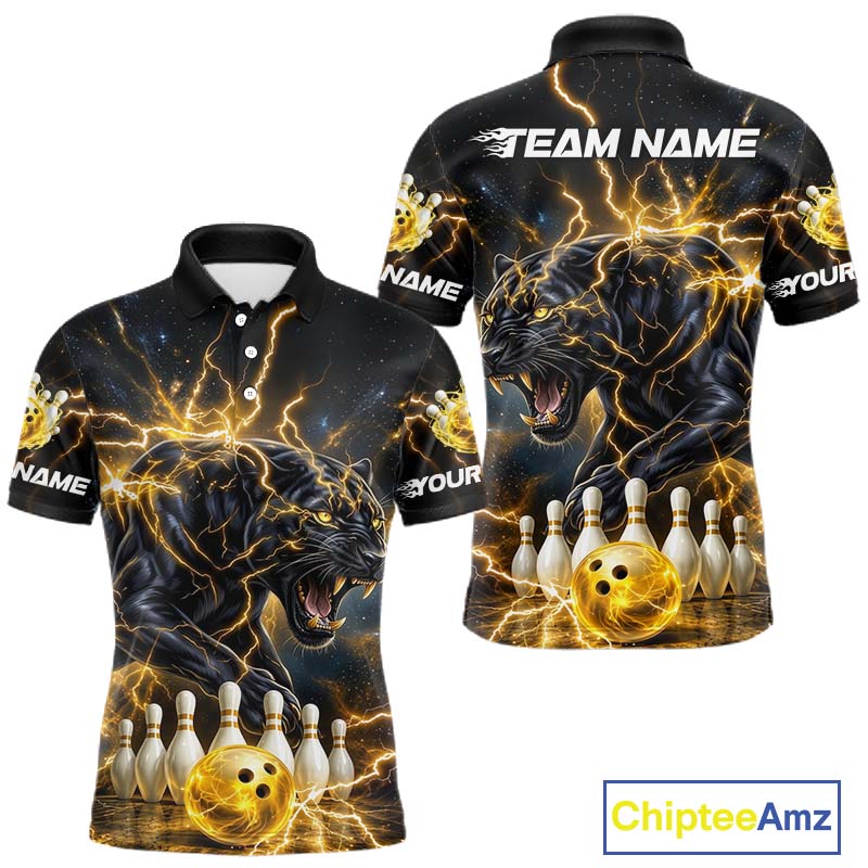 Yellow Thunder Lightning Custom Panther Bowling Shirt, Bowling Team Jersey Polo & 1/4 Zip