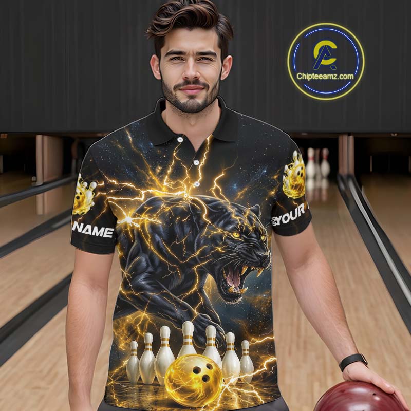Yellow Thunder Lightning Custom Panther Bowling Shirt, Bowling Team Jersey Polo & 1/4 Zip