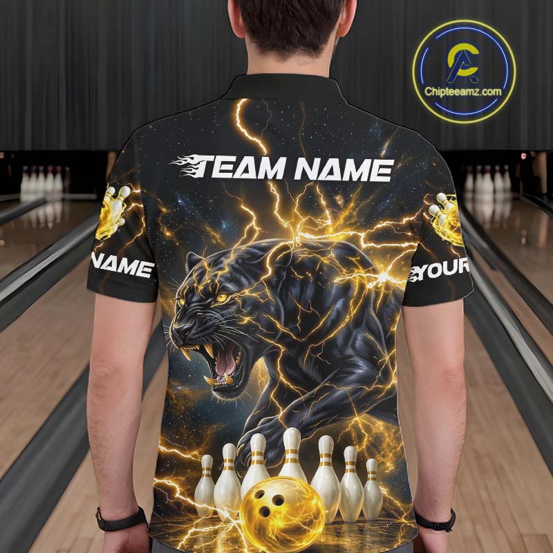 Yellow Thunder Lightning Custom Panther Bowling Shirt, Bowling Team Jersey Polo & 1/4 Zip