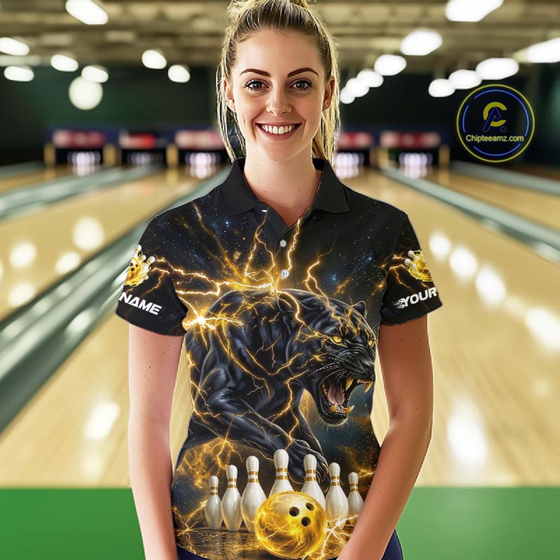 Yellow Thunder Lightning Custom Panther Bowling Shirt, Bowling Team Jersey Polo & 1/4 Zip